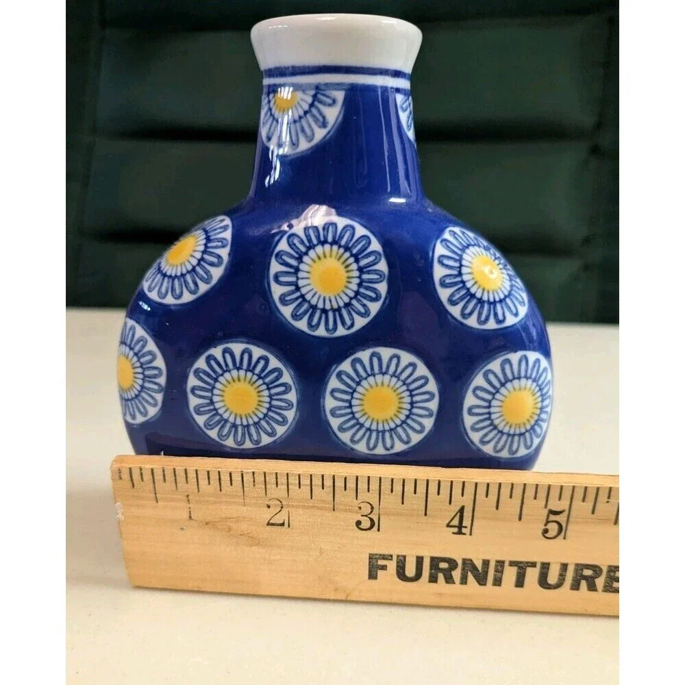 Vintage Blue & White Porcelain Miniature Bud Vase - Yellow Daisy Floral Moon Jar